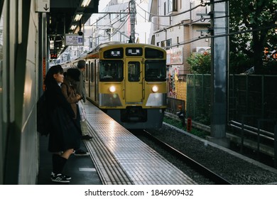 TOKYO, JAPAN - NOVEMBER 1, 2019: Tokyo Train (Seibu Shinjuku Line) In A Railway Track At Nagata Station, Services Between Seibu Shinjuku Station In Tokyo With Hon-Kawagoe Station In Kawagoe.