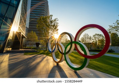 TOKYO, JAPAN - November 1,2019 : The five ring symbol of the Olympic Games at tokyo museum with sun light and flare. Japan will host the Tokyo 2020 summer olympics and Paralympic.