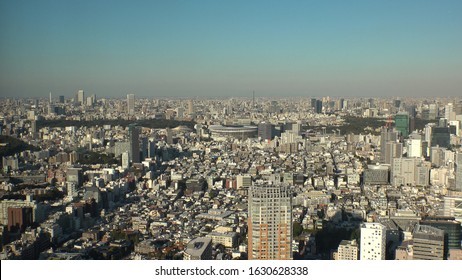 TOKYO, JAPAN - NOVEMBER 2019 : Aerial view of the New National Stadium under construction for Tokyo Olympic 2020. The stadium will serve as the main stadium for the opening and closing ceremonies.