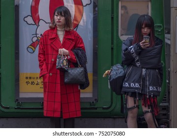 TOKYO, JAPAN - NOVEMBER 5TH, 2017. Japanese Girls With Street Autumn Fashion In Hachiko Square, Shibuya