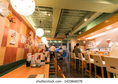 TOKYO, JAPAN - OCT 10,2018 : Interior Of Japanese Restaurant And The Sushi Bar Decorated By The Chef And The Customer.