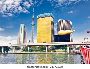 TOKYO, JAPAN - OCT 27, 2104: Asahi Beer Hall in Sumida on Oct 27, 2014.It is one of the buildings of the Asahi Breweries headquarters located on the east bank of the Sumida river .Tokyo, Japan.