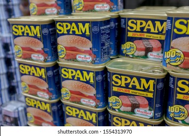 Tokyo, Japan - October 18, 2019 : Close Up Of Spam Brand Of Instant Burger Being Sold At Don Quijote Naka Meguro 