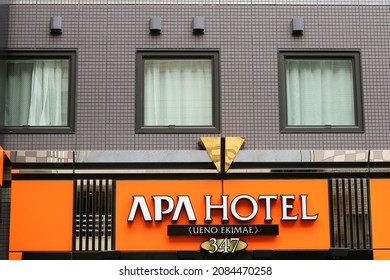 TOKYO, JAPAN - October 21, 2021: Sign On An APA Hotel In Tokyo's Ueno Area.