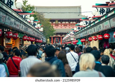 Tokyo, Japan - October 31st 2019: Crowded visitors on the shopping alley near Sensō-ji temple, Asakusa
