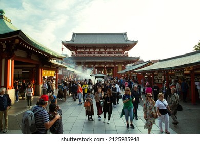 Tokyo, Japan - October 31st 2019: Tourists wandering around Sensō-ji Temple Asakusa in the afternoon