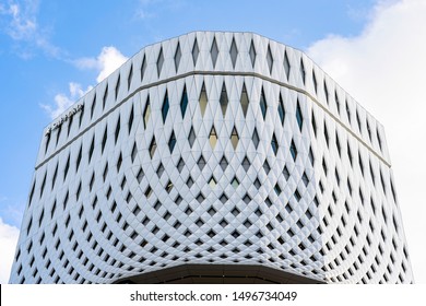 TOKYO, JAPAN - OCTOBER 6, 2018. Gallery Of Ginza Place. White Panels And Parametric Facade. Building Made From Stretched White Tile.