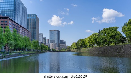 Tokyo, Japan, Office District And Moat Around The Imperial Palace