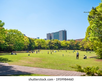 Tokyo, Japan:  A park nearby the residential area.  People spend their time relaxing under the blue sky on sunny day.