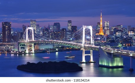 Tokyo, Japan at Rainbow Bridge and Tokyo Bay.