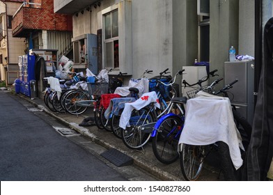 Tokyo, Japan - Sep 01, 2019 : Bicycles Parked Outside A Sumo Stable In Tokyo