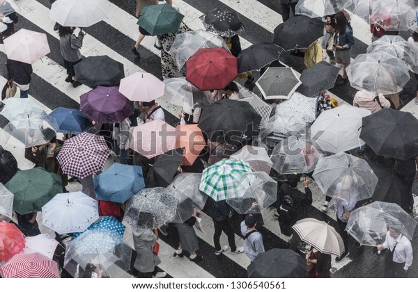 Tokyo, Japan - Sep 27, 2018: Tokyo Street Scene on\
Rainy Day