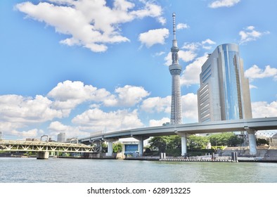 Tokyo, Japan - September 14, 2014: Tokyo Skytree and Sumida Ward Office building located on the east bank of the Sumida River in Sumida, Tokyo, Japan.