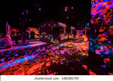 Tokyo, Japan- September 20, 2018: Panoramic View Of The Halls Full Of Projections At The Mori Digital Art Museum