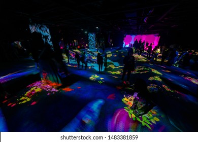 Tokyo, Japan- September 20, 2018: Panoramic View Of The Halls Full Of Projections At The Mori Digital Art Museum