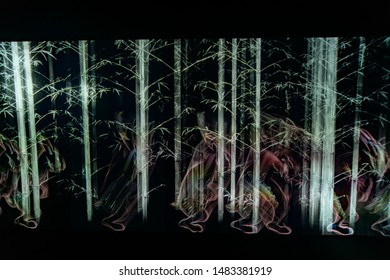 Tokyo, Japan- September 20, 2018: Close Up To An Illuminated Wall With The Animated Projections Of The Mori Digital Art Museum