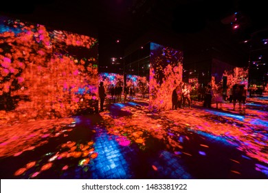 Tokyo, Japan- September 20, 2018: Panoramic View Of The Halls Full Of Projections At The Mori Digital Art Museum