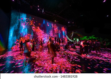 Tokyo, Japan- September 20, 2018: Panoramic View Of The Halls Full Of Projections At The Mori Digital Art Museum