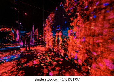 Tokyo, Japan- September 20, 2018: Panoramic View Of The Halls Full Of Projections At The Mori Digital Art Museum