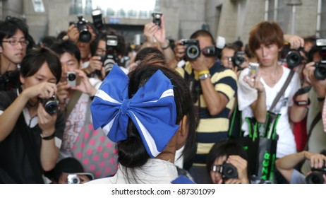 Tokyo, Japan - September 23, 2012: A Young Cosplayer Is Swarmed By Photographers At Tokyo Game Show.