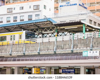 Tokyo, Japan. September 9, 2018. Train On A Bridge In Ryogoku, Near The Sumo Stadium