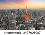 Tokyo, Japan with the tower at dusk from Toranomon.