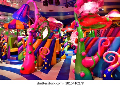 Tokyo, Japan-October 2019; Interior View Of The Colorful Thematic Kawaii Monster Cafe With Bizarre Food And Performances Fcatering Mosty For The Young And Cool