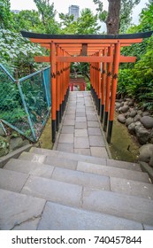 Tokyo - July 27, 2017: Path Of Torii Gates At Hanazono Inari Jinja Shrine Which Enshrines Ukanomitama Deity. Located In Ueno Park, Tokyo