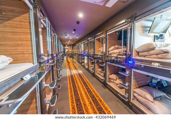 TOKYO - JUNE 1, 2016: Interior of capsule hotel in\
city center. Capsule Hotels are less expensive structures very\
famous in Tokyo.