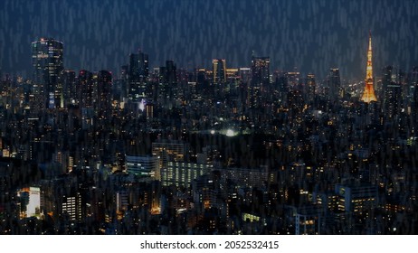 Tokyo Night View On A Rainy Day