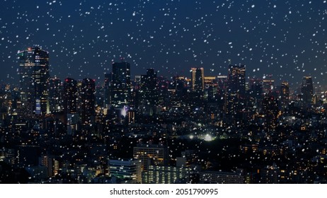 Tokyo Night View On A Snowy Day