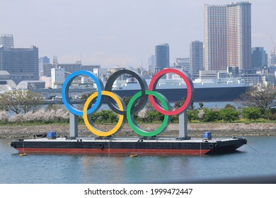 Tokyo, Tokyo Prefecture, Japan: March 29, 2021:The Olympic Symbol At Odaiba Marine Park, Odaiba City 