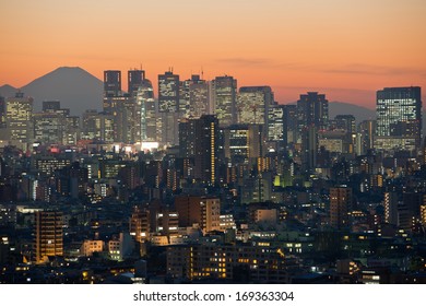 Tokyo Skyline And Mount Fuji At Dusk