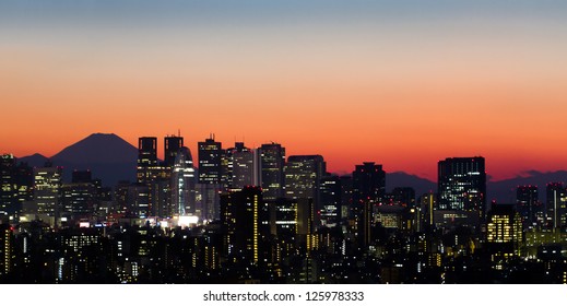 Tokyo skyline and Mount Fuji at sunset