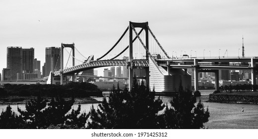 Tokyo Skyline, Rainbow Bridge, Tokyo Tower And Sumida River By Day, Japan (in Black And White) (tha Japanese Text Means Rainbow Bridge)