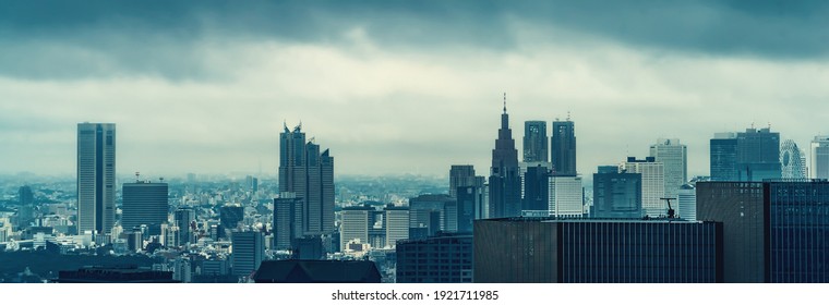 Tokyo skyline skycrapers during a rain storm
