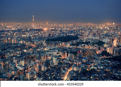 Tokyo Skytree And Urban Skyline Rooftop View At Night, Japan.