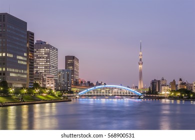 Tokyo Sumida river view with Tokyo Skytree in evening. The Sumida river is a river that flows through Tokyo, Japan.