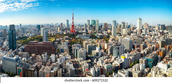 Tokyo Tower, Japan in Panoramic View.