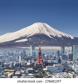 Tokyo Tower With Mountain Fuji Background Surreal Shot.