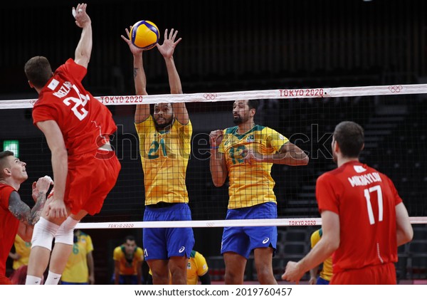 Tokyo-Japan, August 5, 2021,\
Tokyo2020 Olympic Games, Brazil and Russia men\'s volleyball\
semi-final, the team from Russia qualified for the Tokyo2020\
Olympics finals 