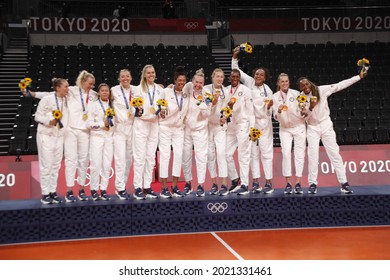 Tokyo-Japan, August 8, 2021 Tokyo 2020 Olympic Games Women's Volleyball Gold Medal Match, United States Team Champion, Gold Medal 