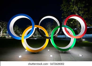 Tokyo/Japan February 27, 2020
The five ring symbol of the Olympic Games at Tokyo museum at night. Japan will host the Tokyo 2020 summer olympics and Paralympic.