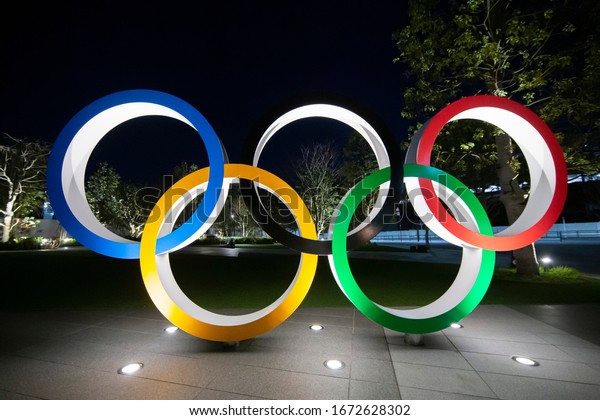 Tokyo/Japan February 27,\
2020\
The five ring symbol of the Olympic Games at Tokyo museum at\
night. Japan will host the Tokyo 2020 summer olympics and\
Paralympic.