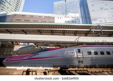 Tokyo/Japan March 6, 2020
The E6 Series Shinkansen Bullet Train Network Of High-speed Railway Lines In Japan