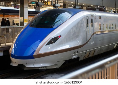 Tokyo/Japan March 6, 2020
The E7 Series Shinkansen Bullet Train Network Of High-speed Railway Lines In Japan