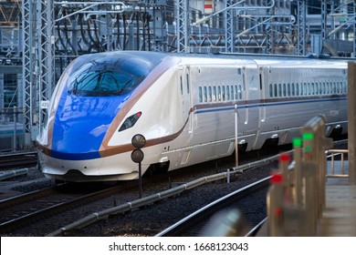 Tokyo/Japan March 6, 2020
The E7 Series Shinkansen Bullet Train Network Of High-speed Railway Lines In Japan