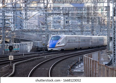 Tokyo/Japan March 6, 2020
The E7 Series Shinkansen Bullet Train Network Of High-speed Railway Lines In Japan