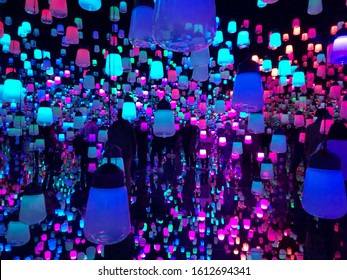 TOKYO/JAPAN-Dec 13, 2019: Hundreds Of Colorful Lantern At The MORI Building Digital Art Museum. By Teamlab Borderless.