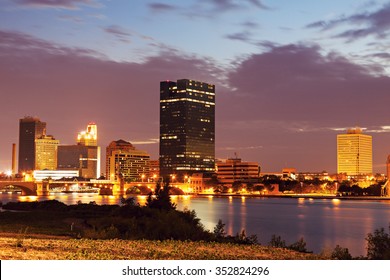 Toledo, Ohio - downtown over Maumee River at sunset